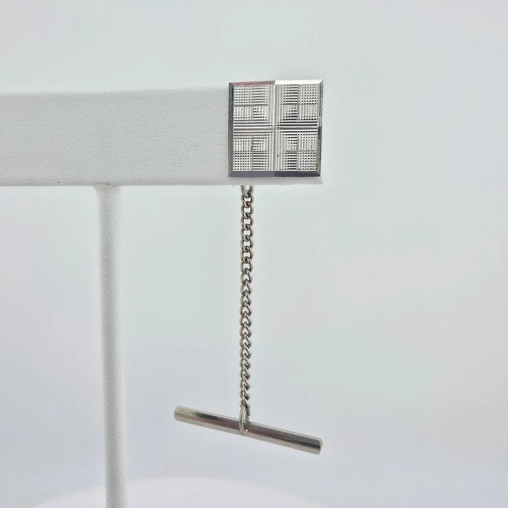 Vintage Tie Tack Clip Clasp Textured Square Silver Tone .5